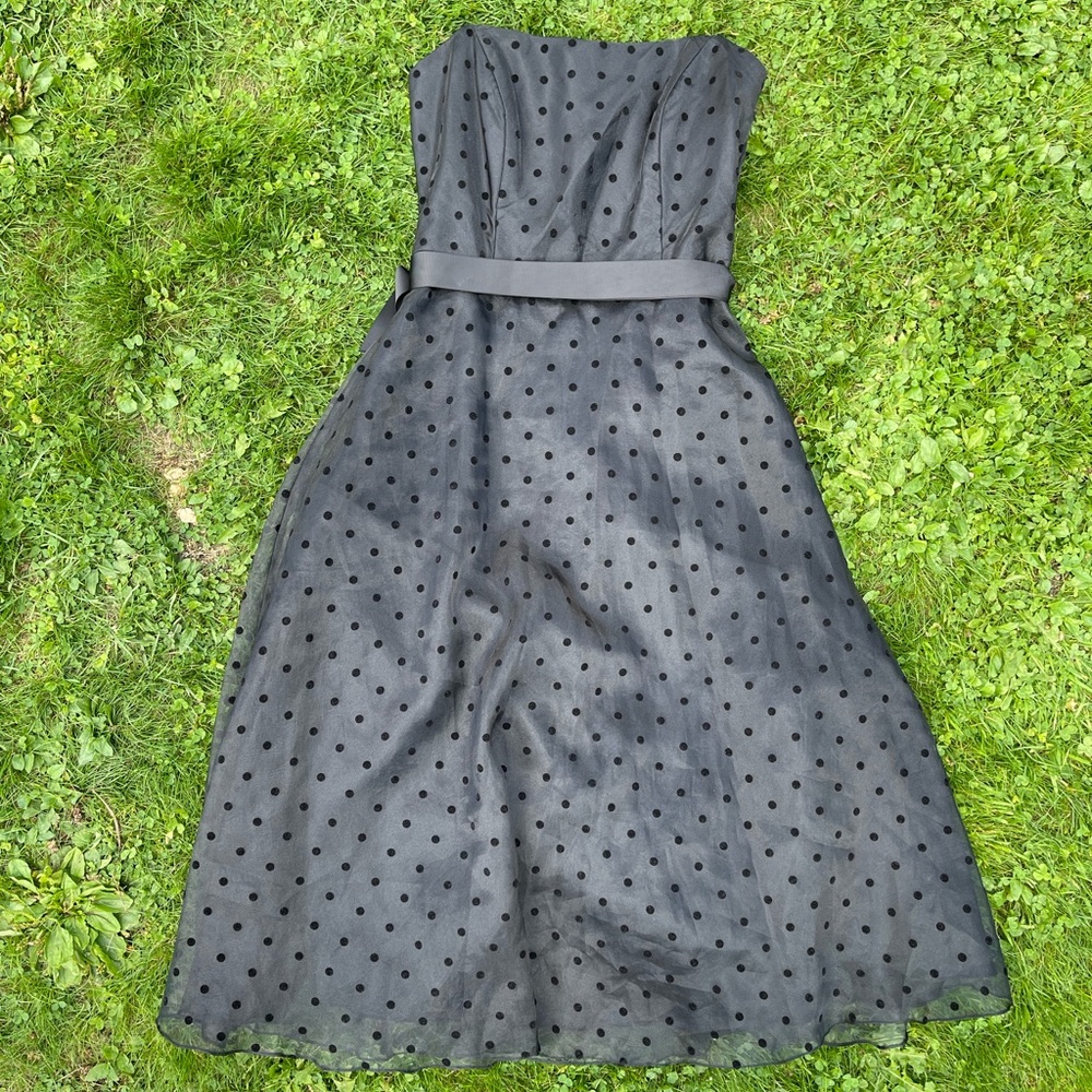 Strapless Tea Length Black Polka Dot Cocktail Dress